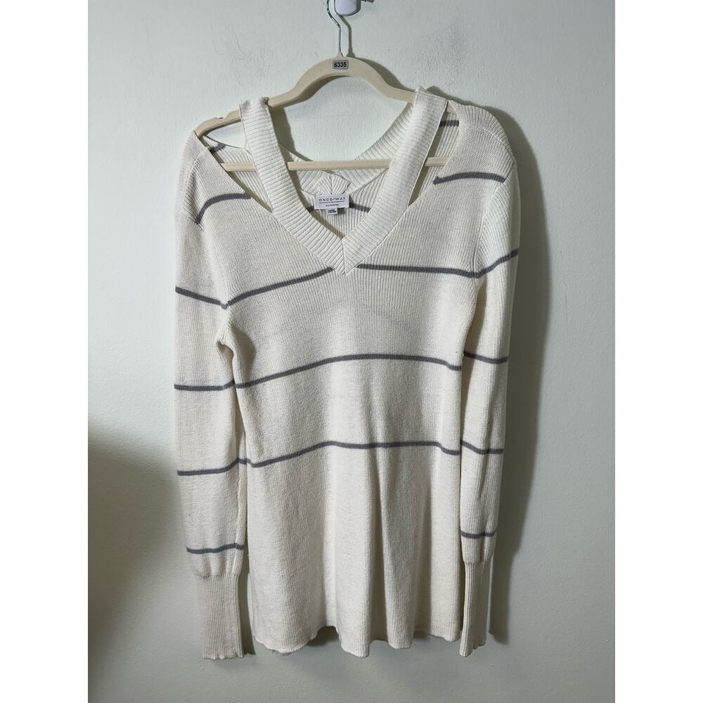 Once Was | Womens Stripe V-Neck Shoulder Slit Sweater Size 2 (S) - White/Gray